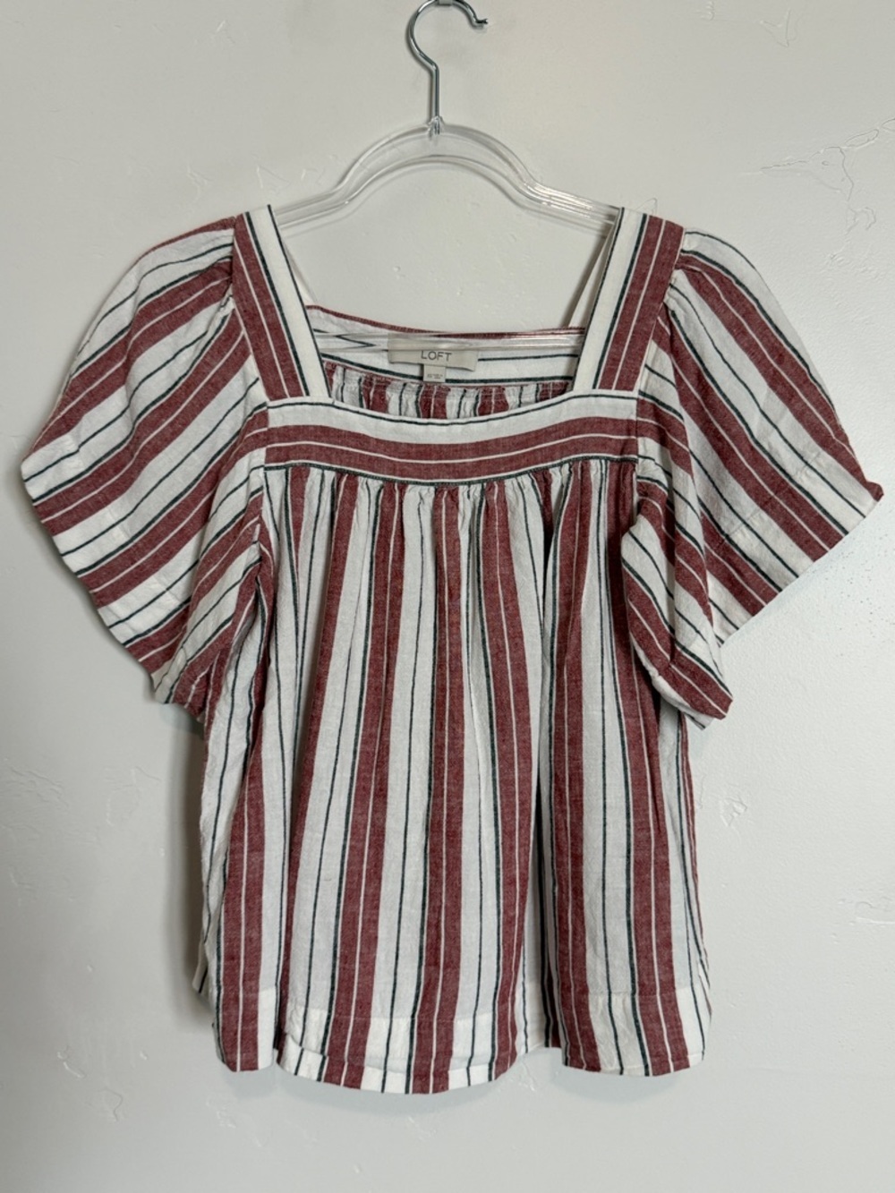 LOFT Red and White Striped Square-Neck Puff Sleeve Blouse - Picture 2 of 8